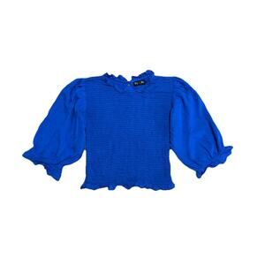 Iky & Me Smocked Top Womens Size XS Stretchy Puffy 3/4 Sleeve Shirt Blue Ruffles